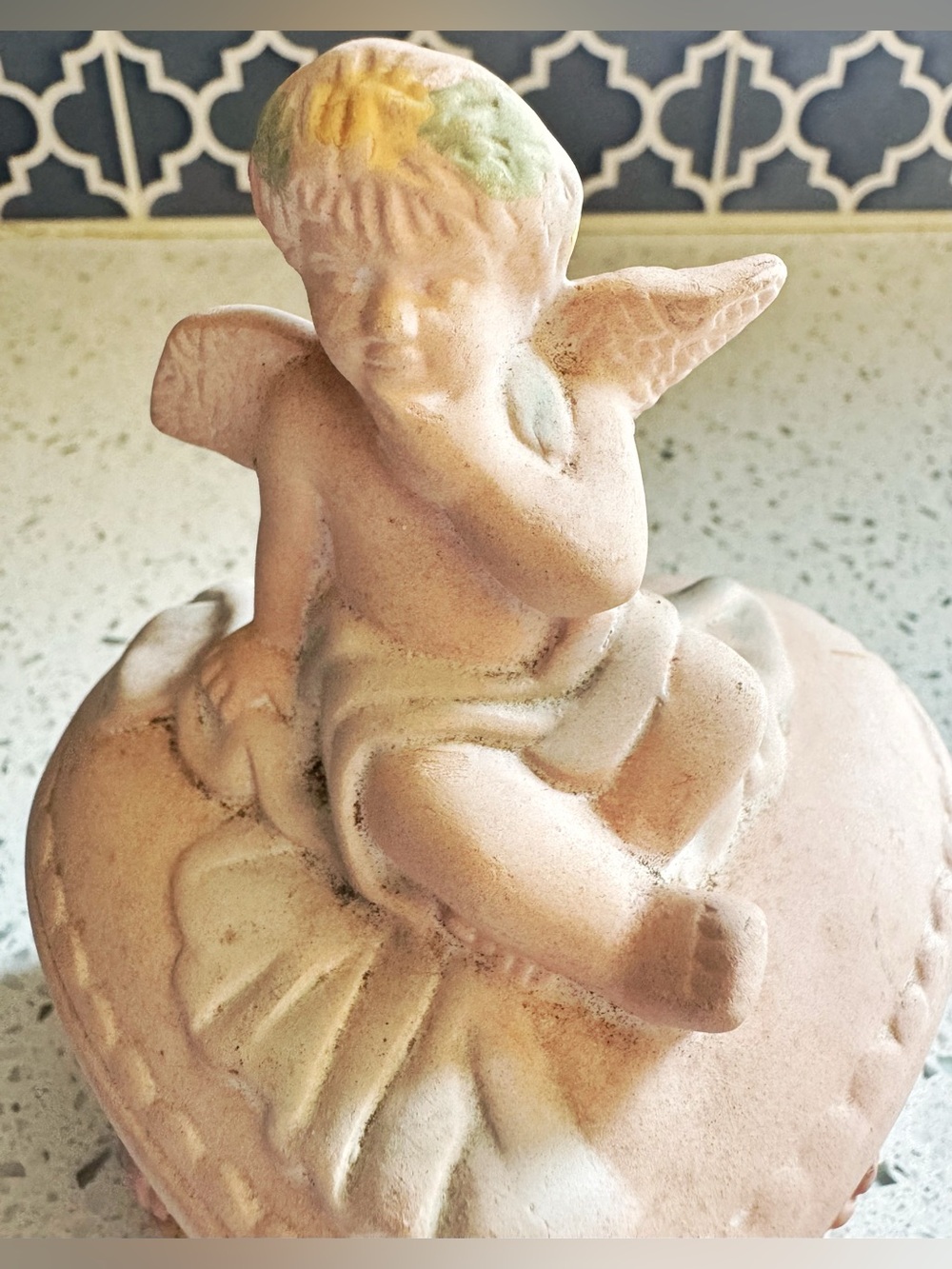Vintage Pink Ceramic Cherub Heart Trinket Jewelry Box Floral - Picture 3 of 7